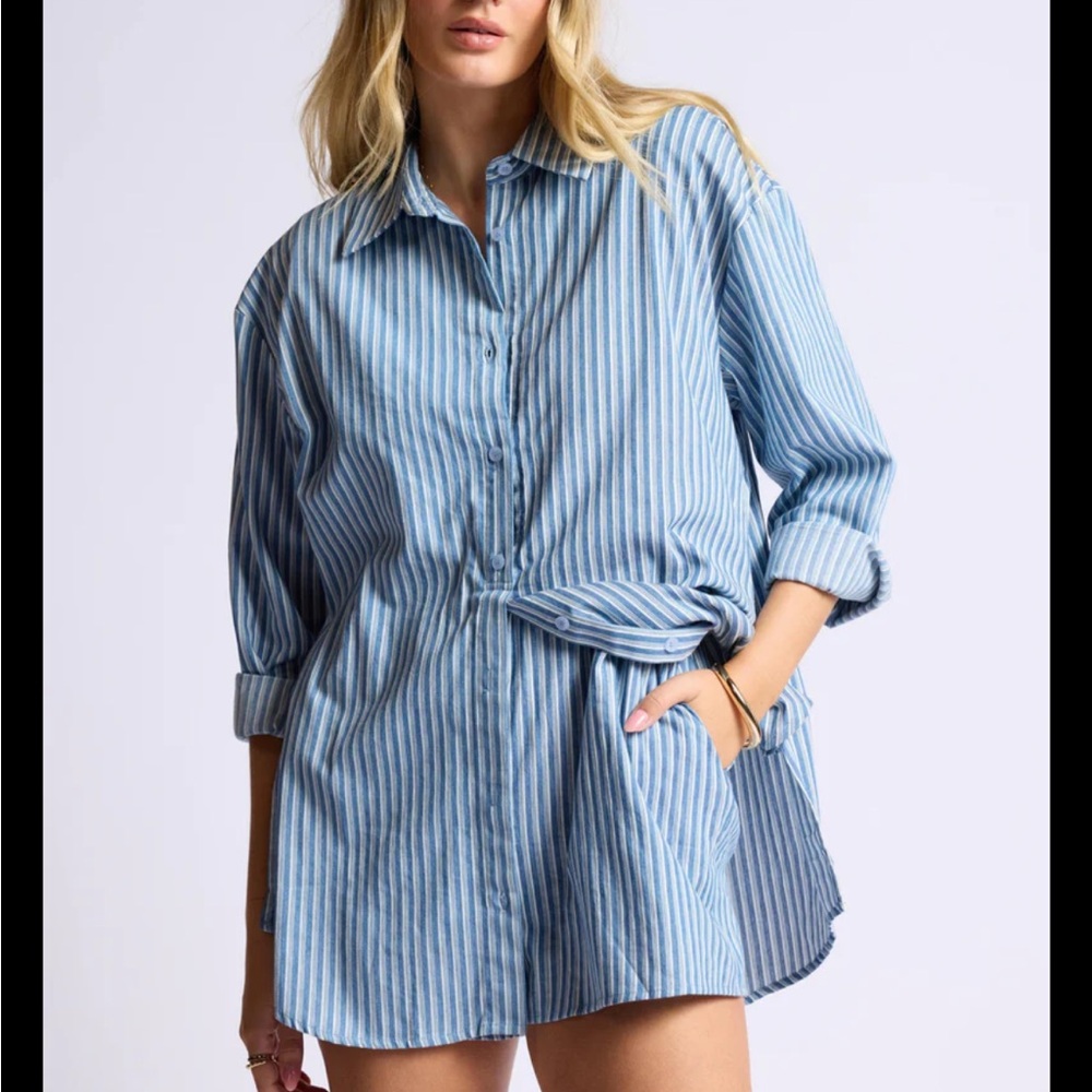 Sage the Label Blue and White Striped Shirt Romper